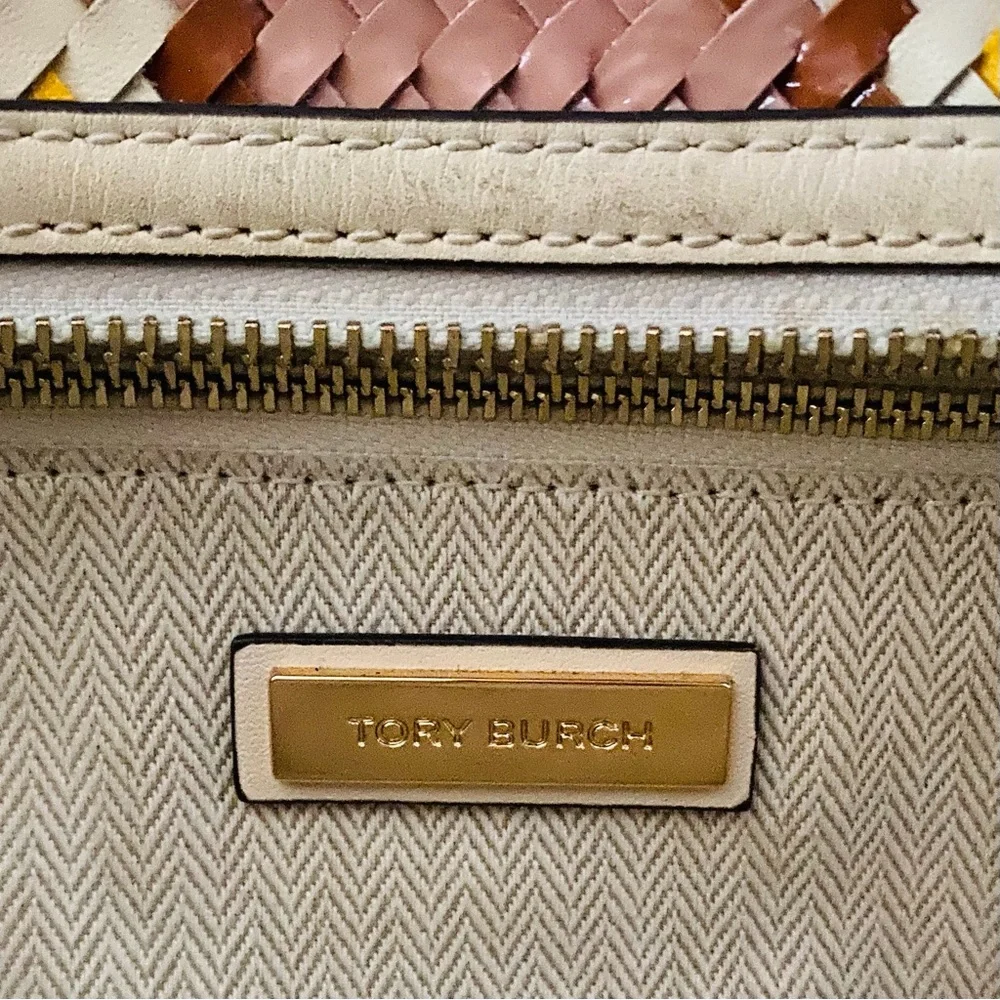 $595 Tory Burch Thea Woven Cream Pink Leather Tassels Crossbody Satchel Bag